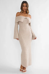 Arwyn Foldover Off-Shoulder Knit Maxi Dress Quinoa
