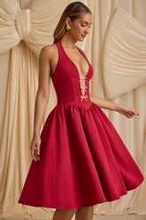 Angelina-Halterneck Bow-Detail Midi Dress in True Red