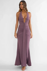 Brienna Halter Ruched Maxi Dress Mauve