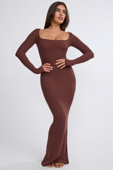 Jude-Ribbed Modal Long Sleeve Maxi Dress in Chocolate