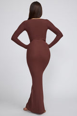 Jude-Ribbed Modal Long Sleeve Maxi Dress in Chocolate