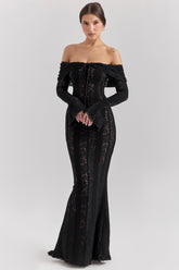 Belle-Black Off Shoulder Floral Lace Maxi Dress