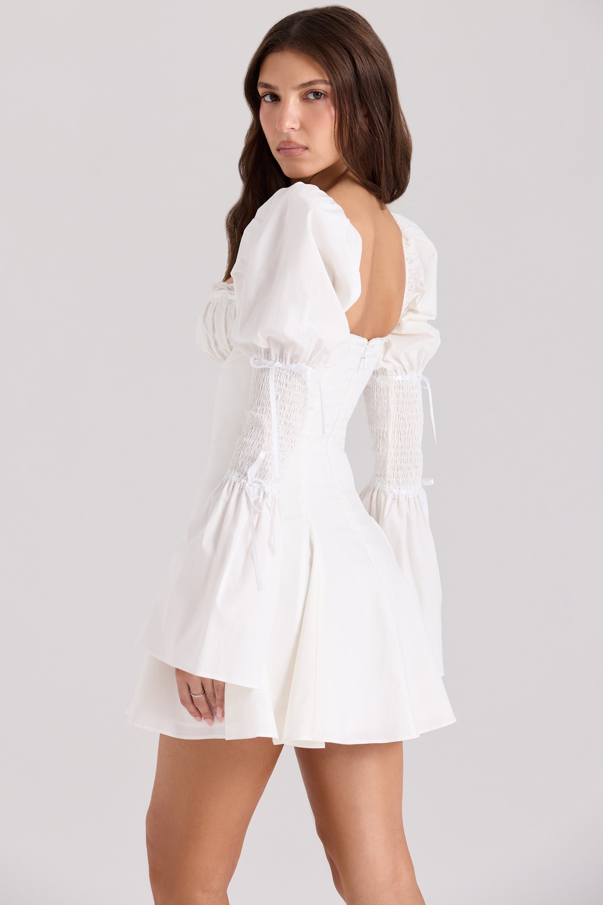 Ellerie-White Cotton Flute Sleeve Mini Dress
