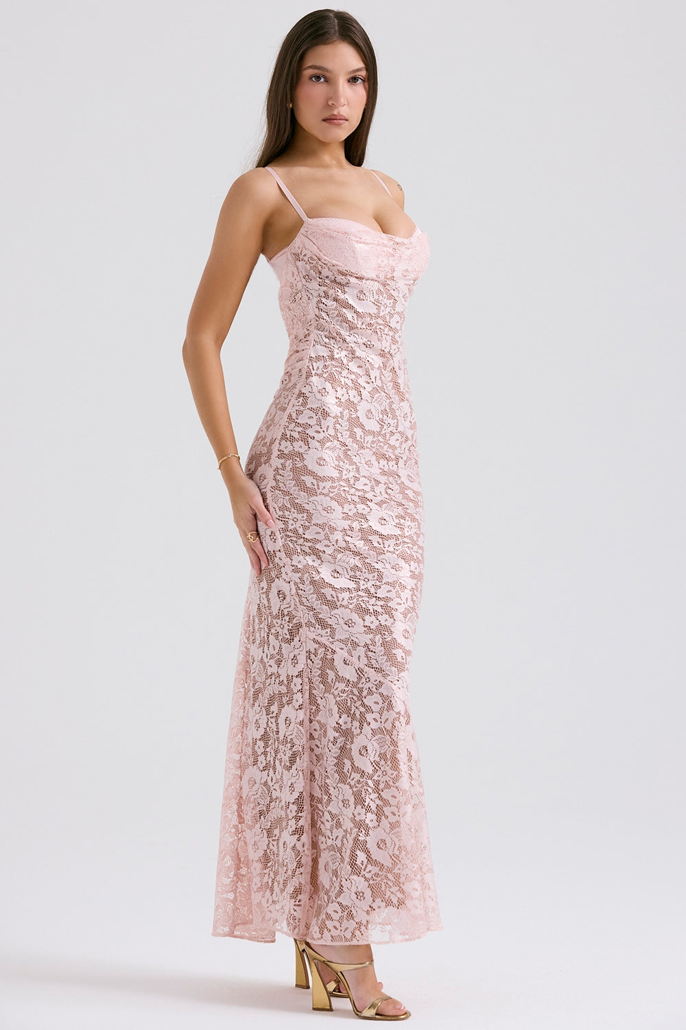 Azzurra-Rose Pink Lace Godet Gown