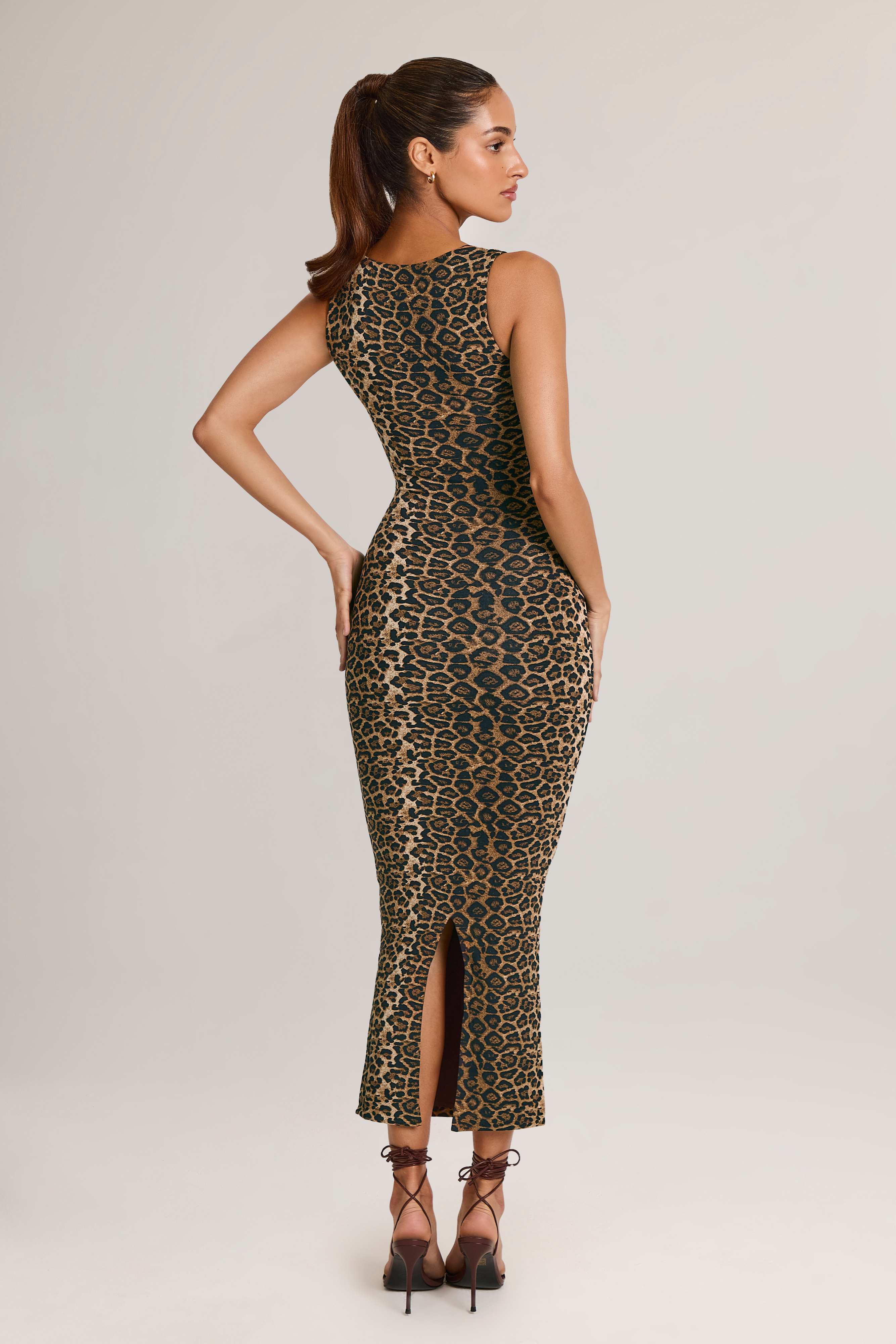 Ainslee-Modal Square-Neck Bodycon Midi Dress in Leopard Print
