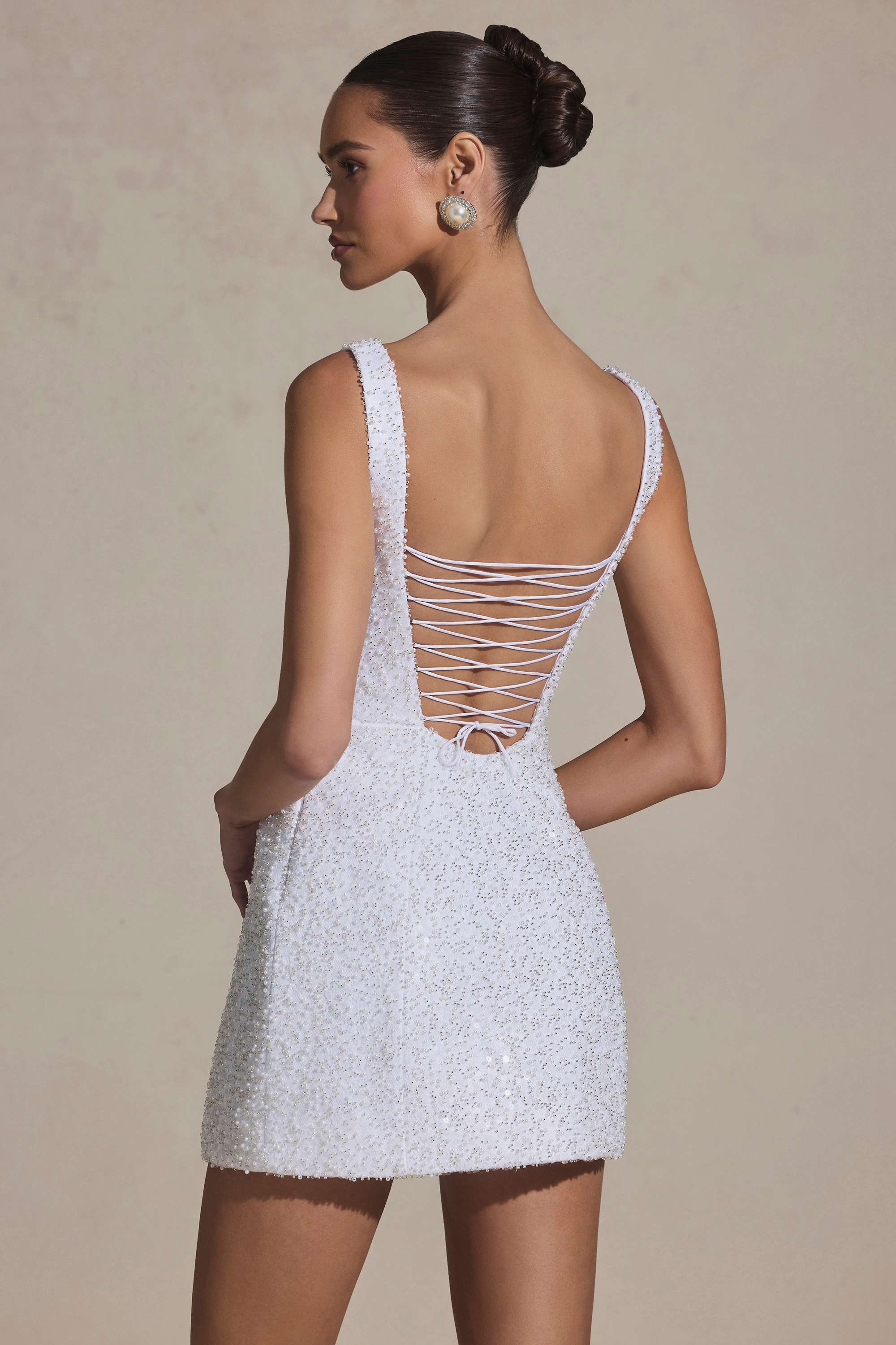 Dominique-Embellished Structured A-Line Mini Dress in White