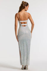 Prisha-Embellished Square Neck Evening Gown in Silver