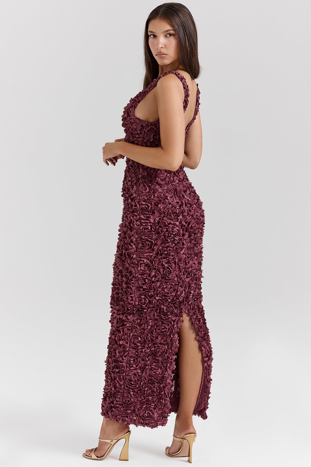 Carena-Merlot Plunge Floral Appliqué Maxi Dress