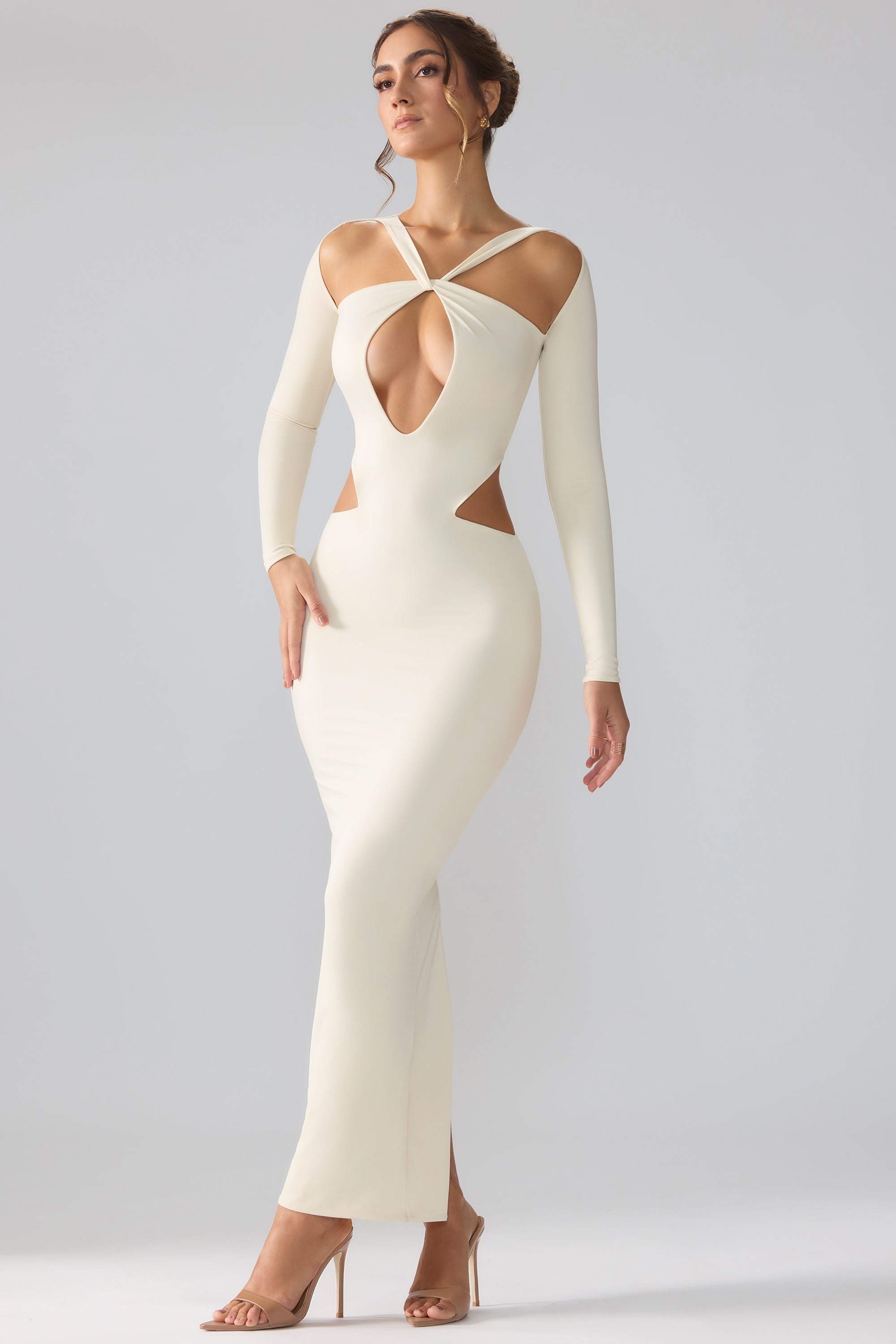 Tindra-Premium Jersey Long Sleeve Cut Out Maxi Dress in Ivory