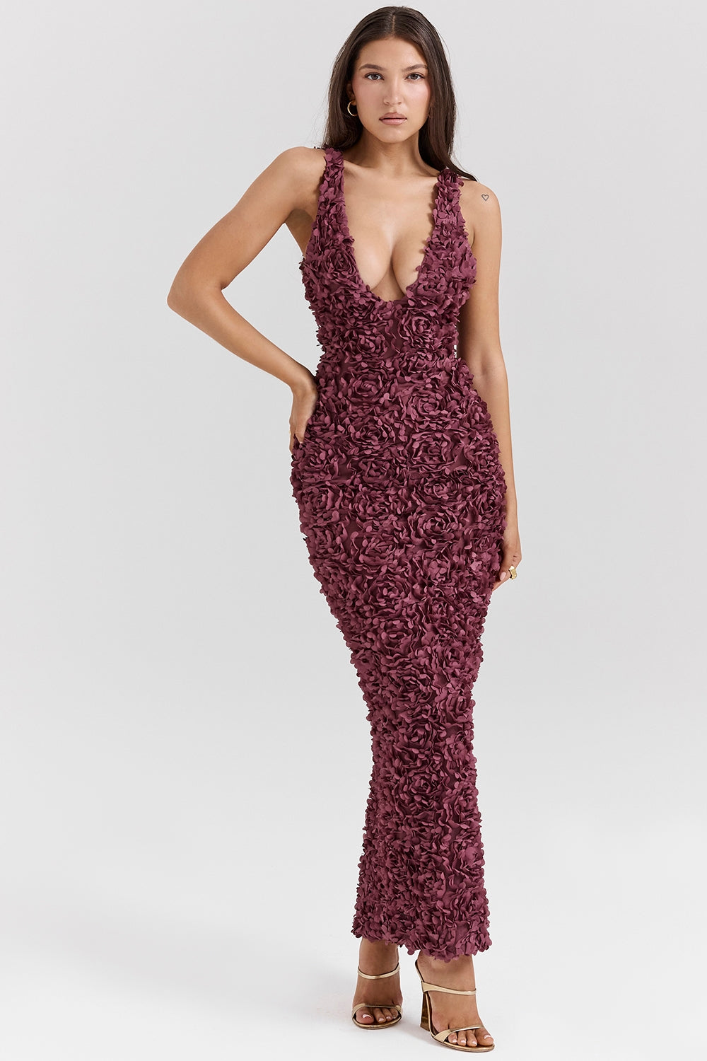 Carena-Merlot Plunge Floral Appliqué Maxi Dress