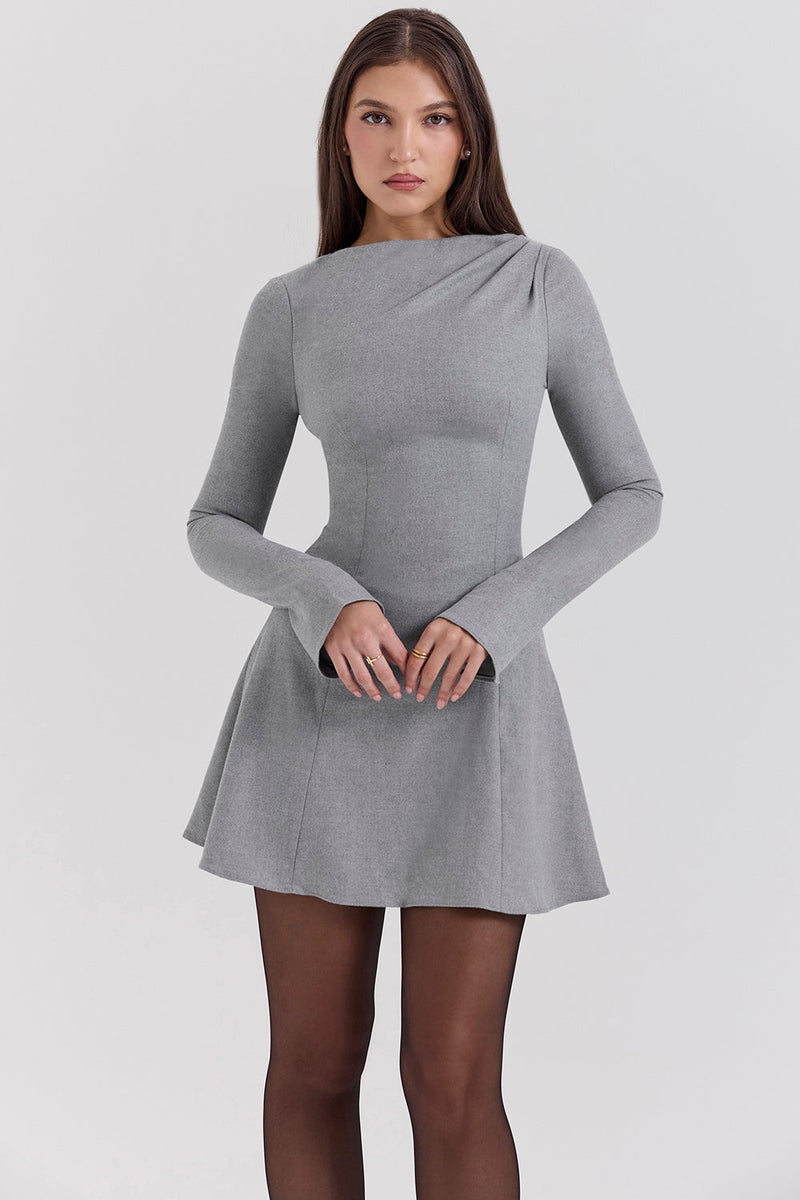 Angelique-Grey A-Line Long Sleeve Mini  Dress - SALE