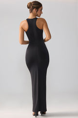 Calluna-Slinky Jersey Cut Out Ruffle Racerback Maxi Dress in Black