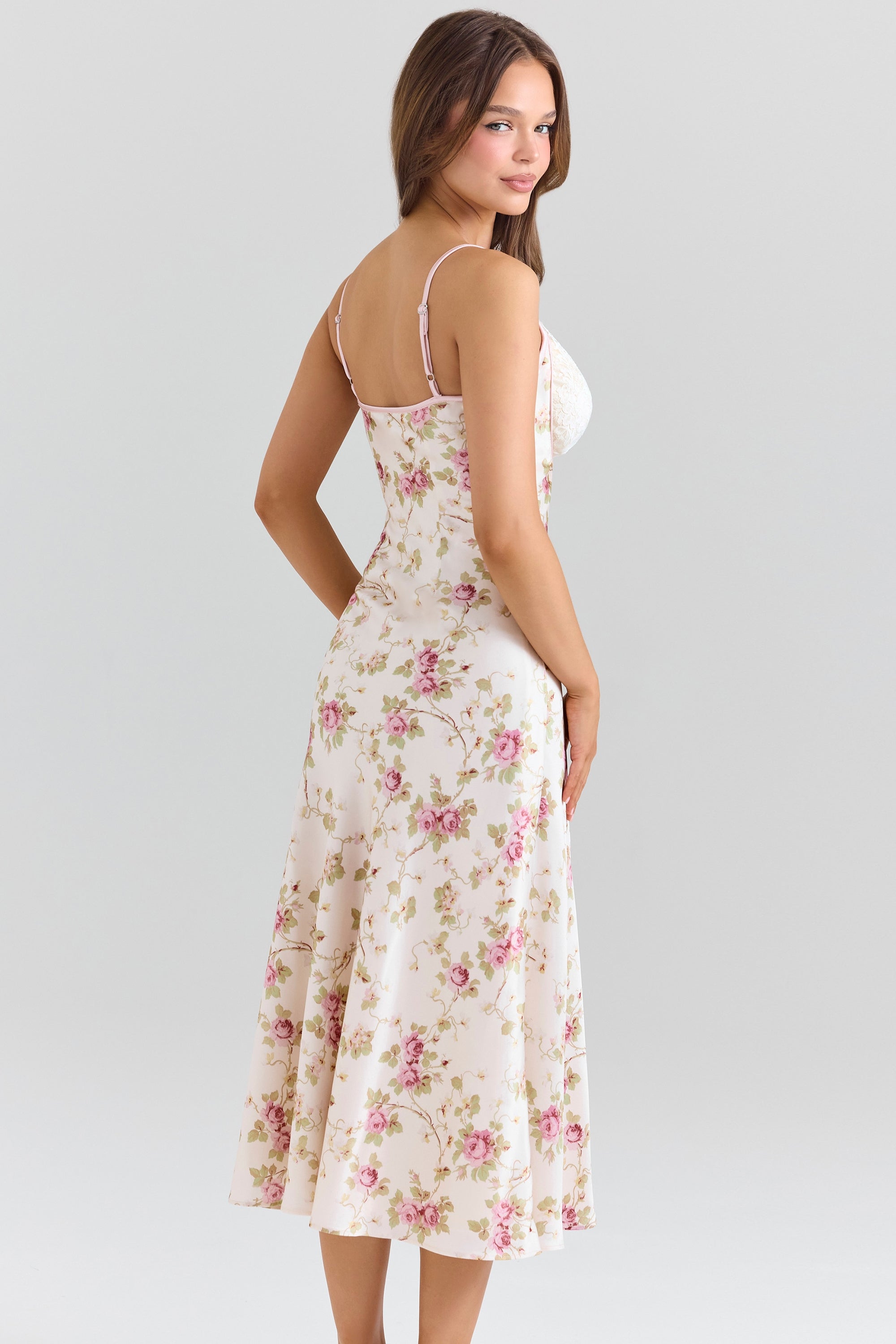 Felicity-Ivory Floral Print Satin Bias Cut Midi Dress