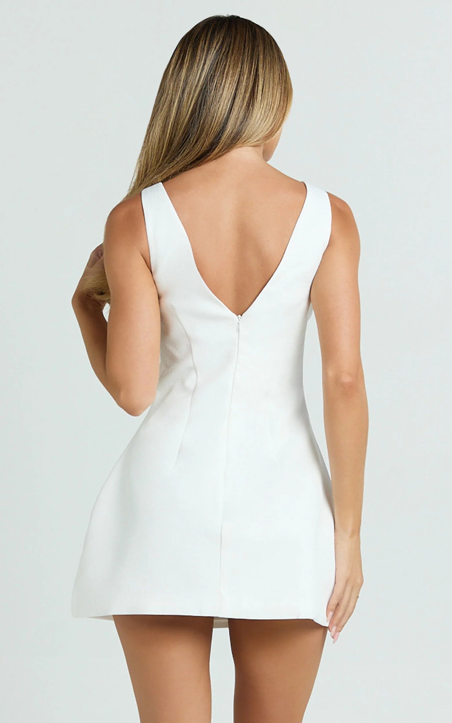 Raquelle Mini Dress Boucle Boat Neck V Back Fit and Flare Dress in White