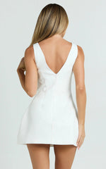Raquelle Mini Dress Boucle Boat Neck V Back Fit and Flare Dress in White