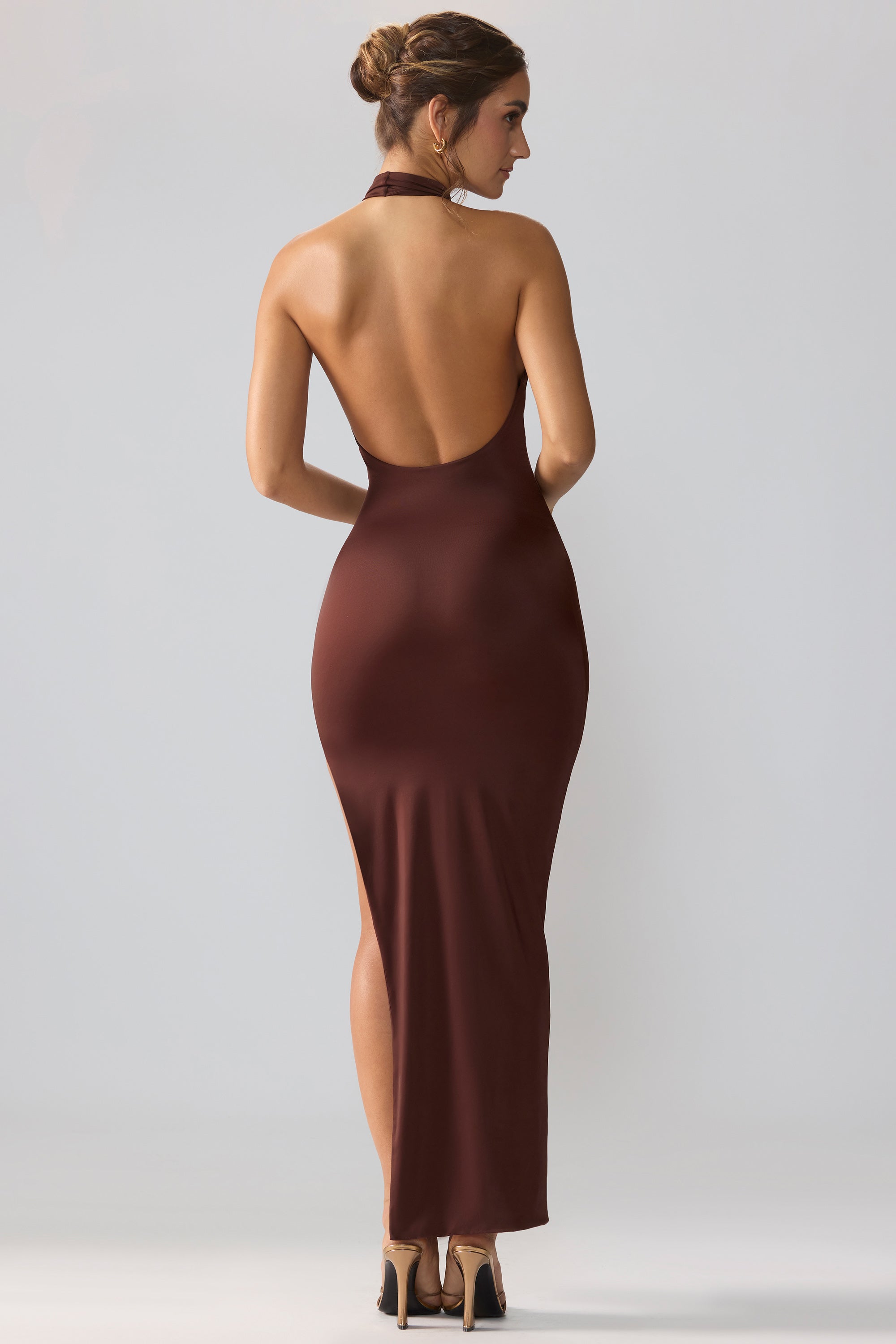 Anise-Premium Jersey Cowl Neck Backless Maxi Dress in Espresso
