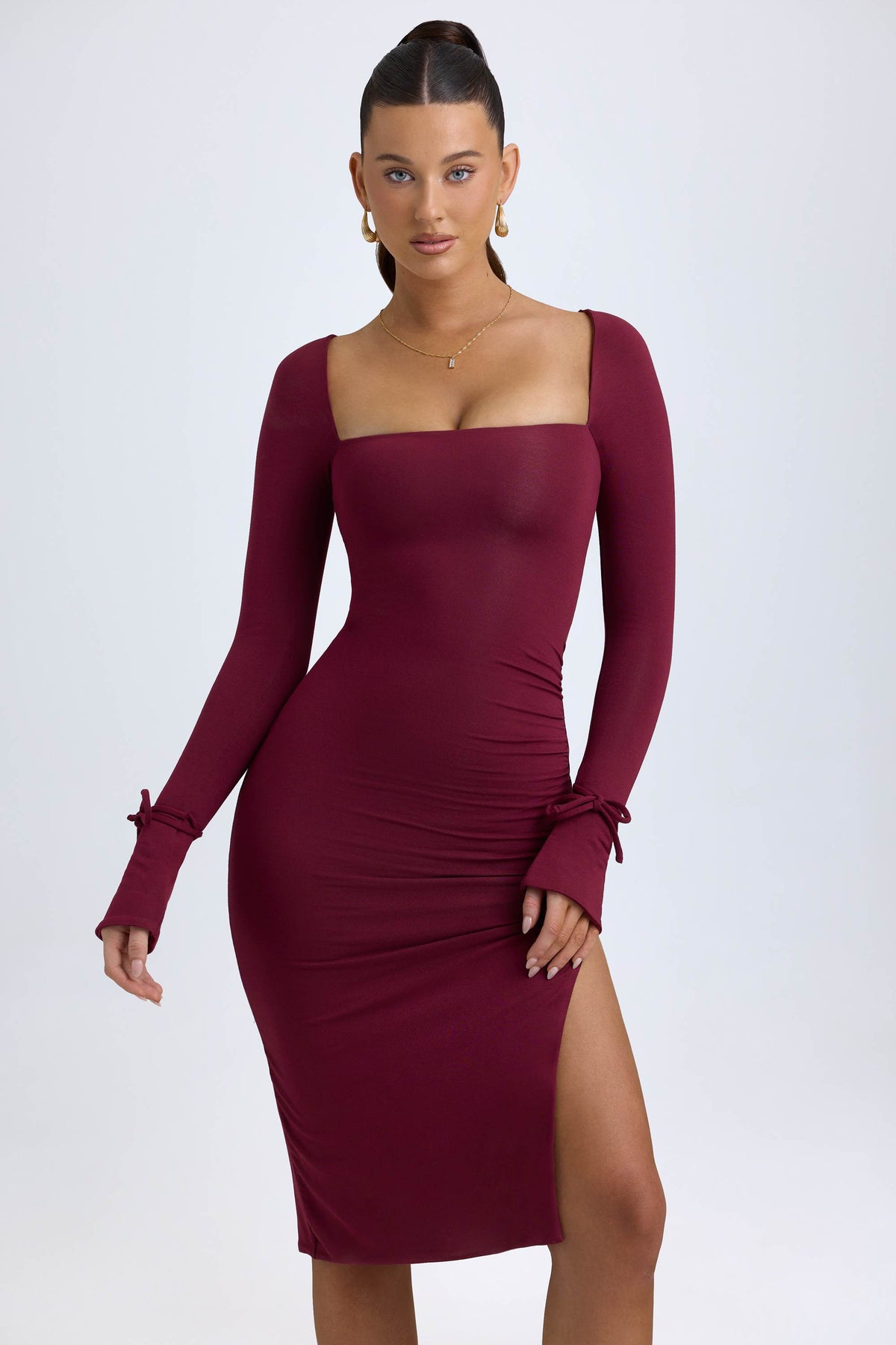 Sawyer-Modal Square-Neck Midi Dress in Wine Red