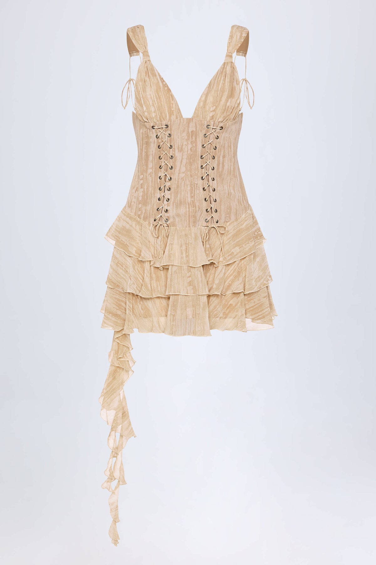 Toren-Lace-Up Ruffled Tiered Mini Dress in Tan Print