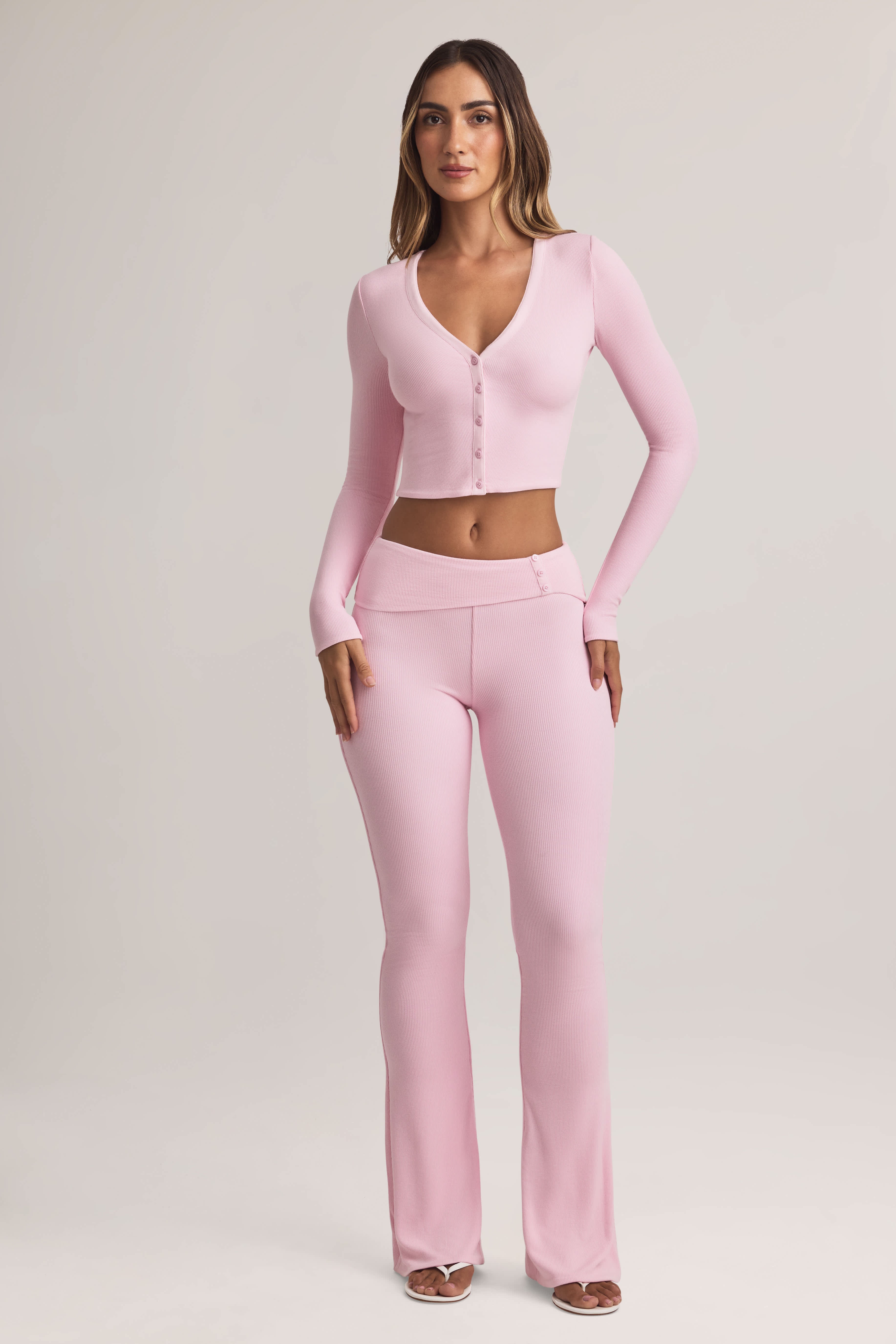 Bebe-Modal Foldover Mid-Rise Flared Trousers in Pastel Pink