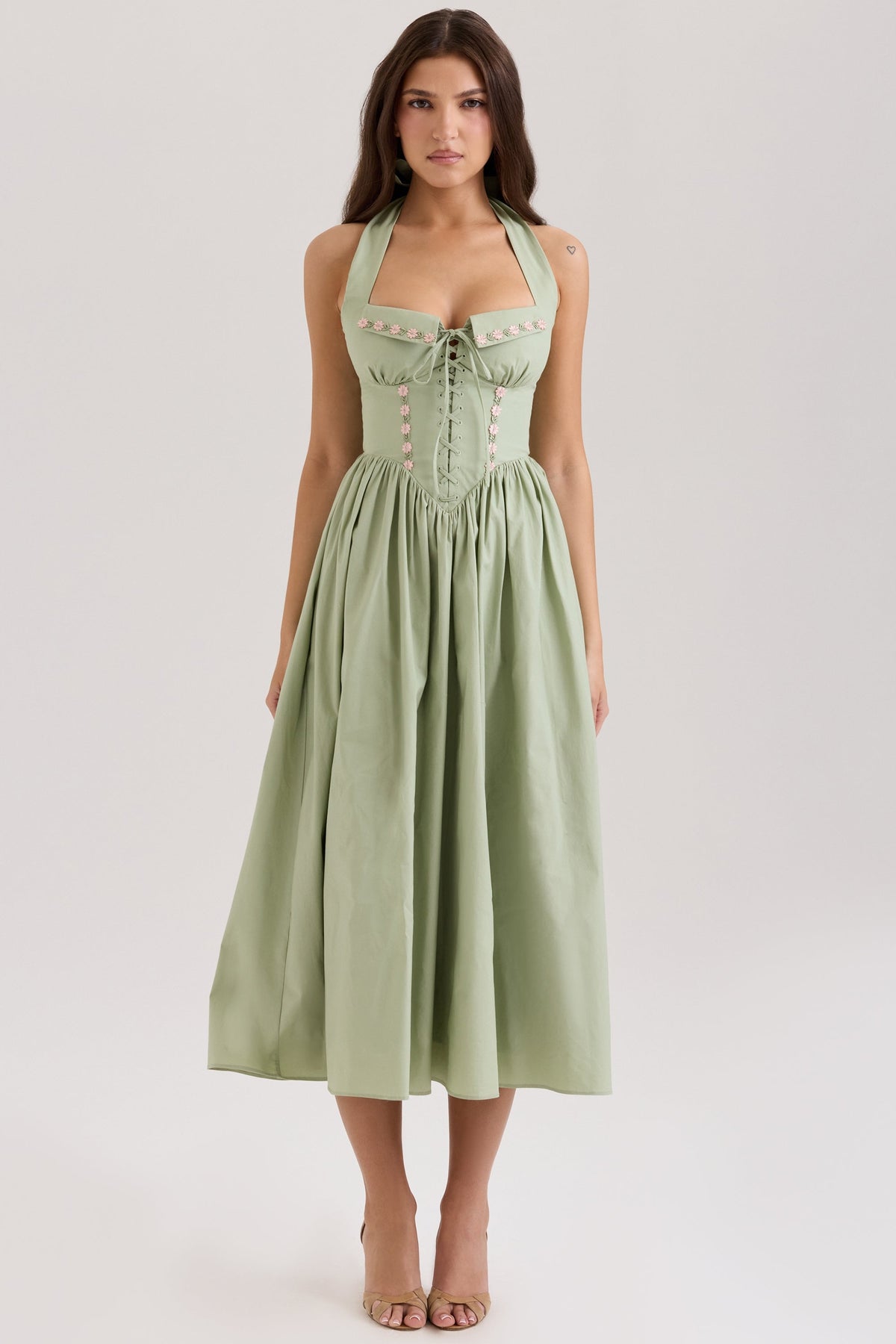 Emilia-Sage Stretch Cotton Halter Neck Midi Dress